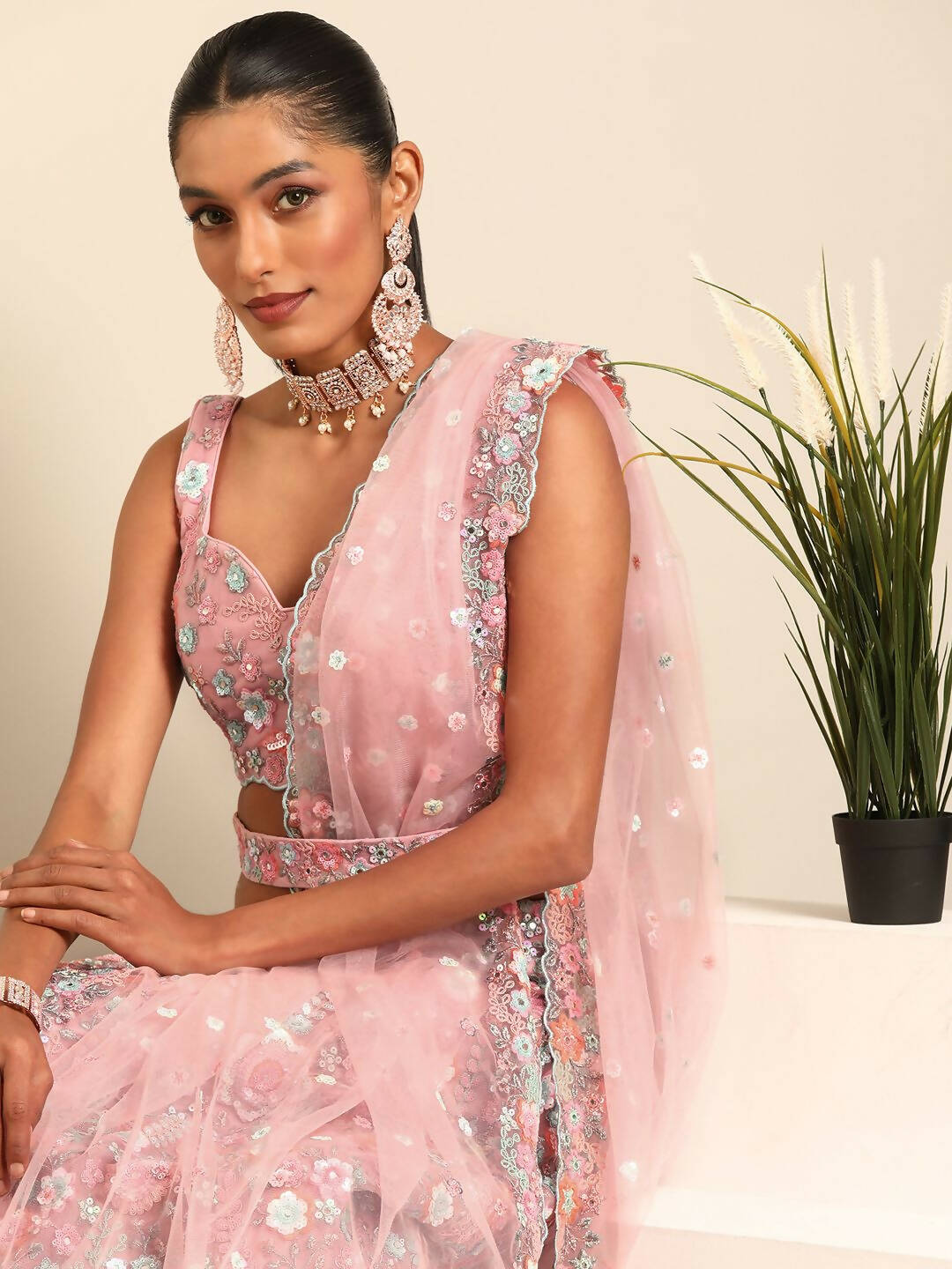 House of Panchhi Pink Net Sequins, Mirror and thread embroidery Lehenga choli & Dupatta
