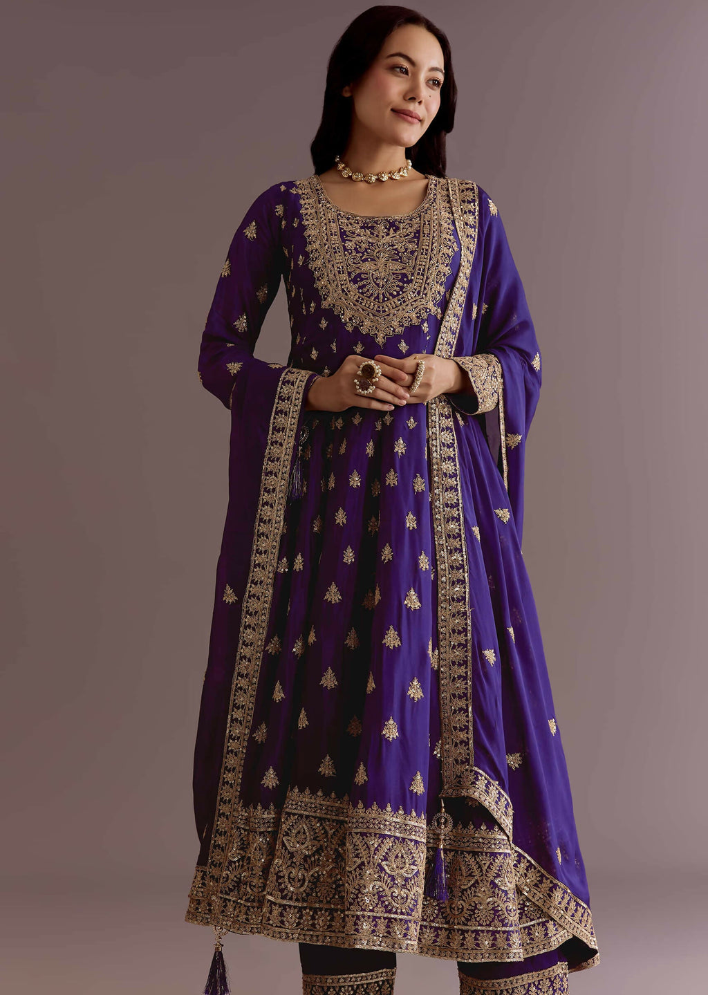 Teeya Creation Purple Color Chinnon Silk Embroidery Work Gown - Distacart