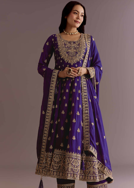 Teeya Creation Purple Color Chinnon Silk Embroidery Work Gown