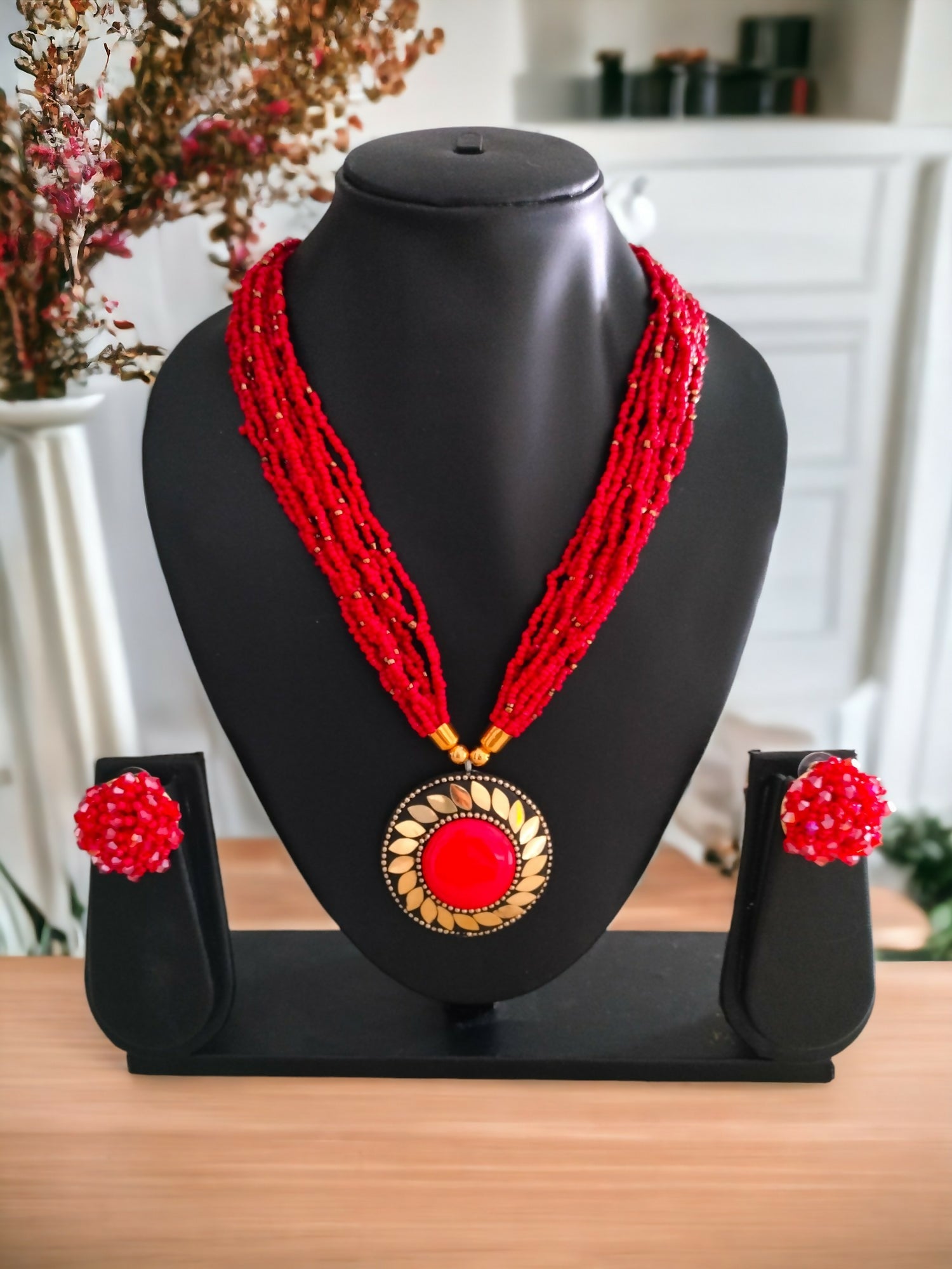 Inhanns All-Day Statement Beaded Necklace Set - Red
