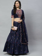 Navy Blue Cotton Embroidered Work Lehenga Choli with Dupatta - Jivika