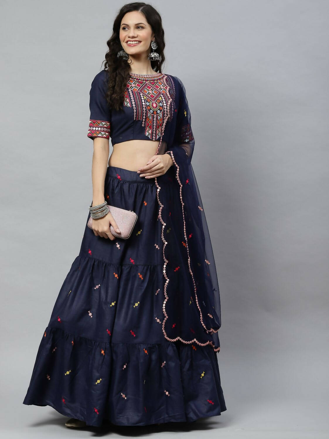 Navy Blue Cotton Embroidered Work Lehenga Choli with Dupatta - Jivika