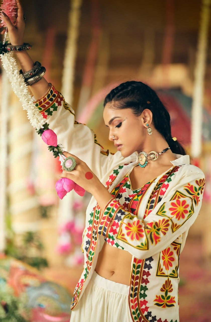 Teeya Creation Off White Colour Pure Cotton Embroidery Work Fully Stitched Navratry Lahenga