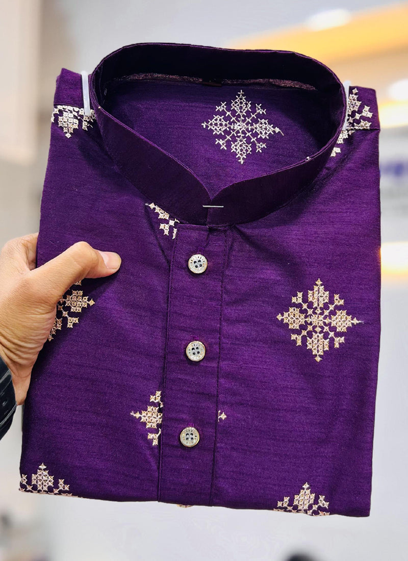 Prazu Fashion Violet Silk Copper Sequence Work Kurta