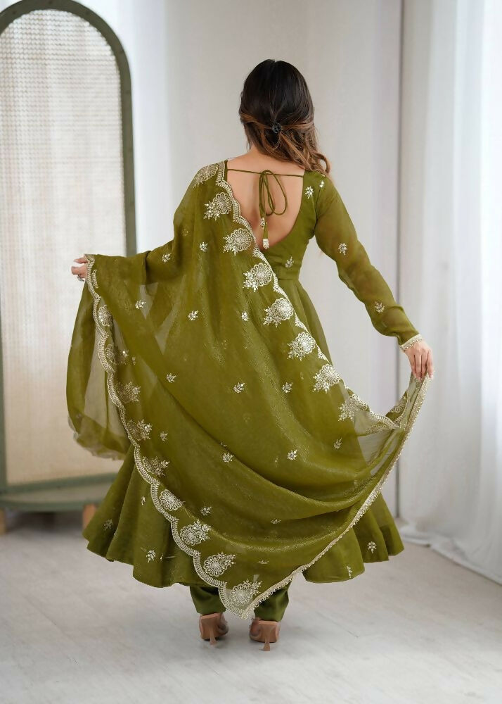 Teeya Creation Mehendi Color Crunchy Silk Embroidery Work Wedding Wear Gown - Distacart