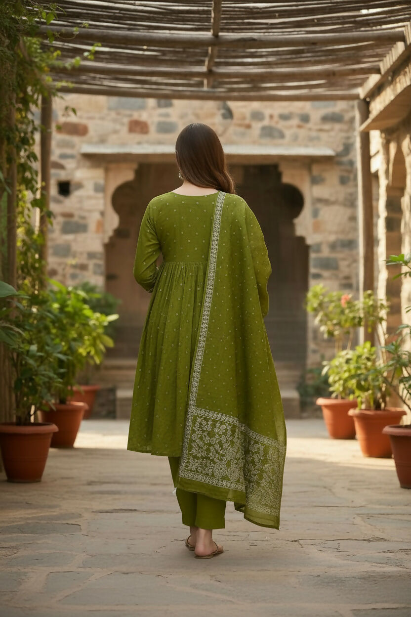 The52 Women's Beautiful Cotton Fabric Embroidery Work Flared Anarkali Pant and Dupatta Set - Distacart