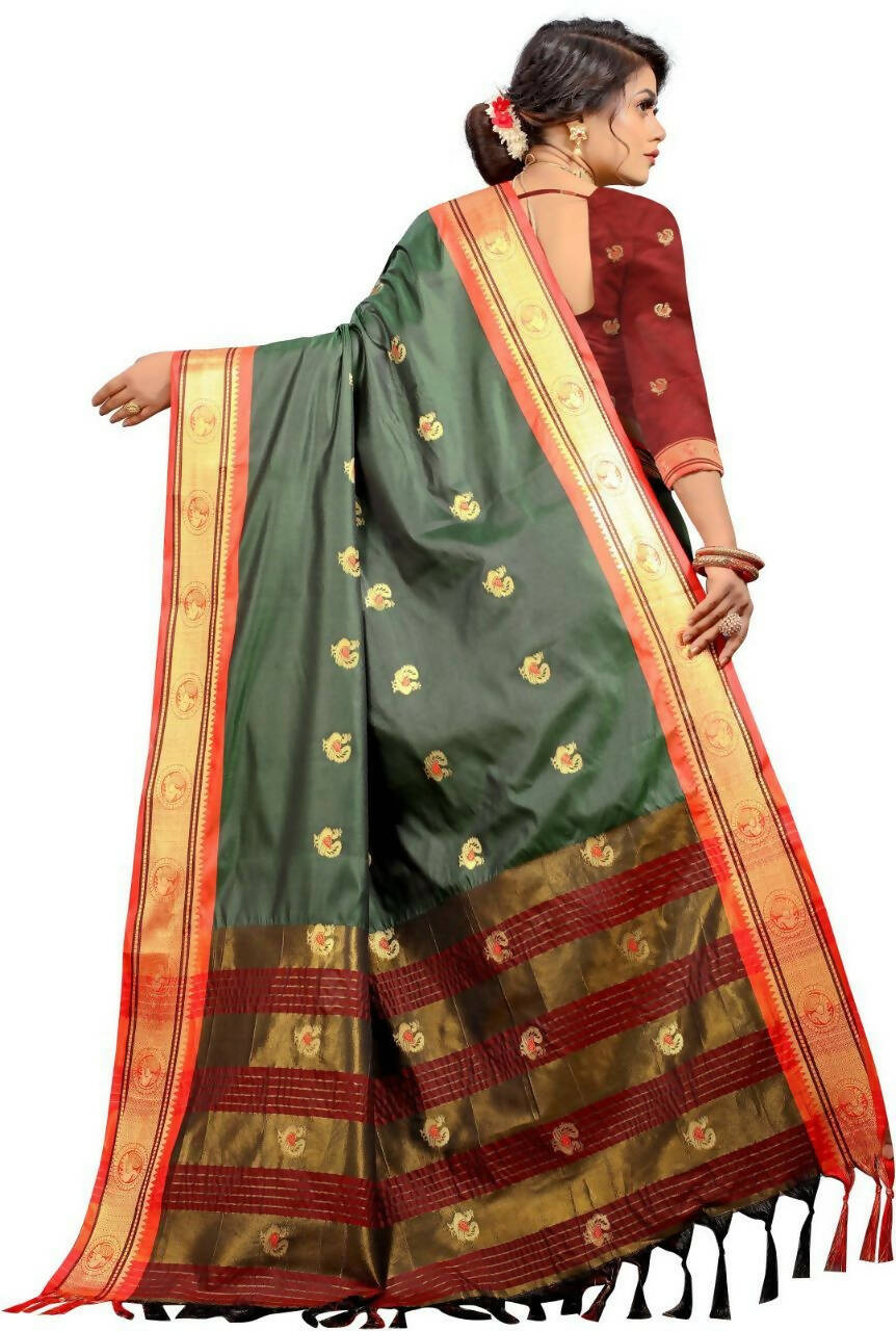 DEIANA'S Beautiful Designer Golden zari Soft Lichi Silk Saree - Green
