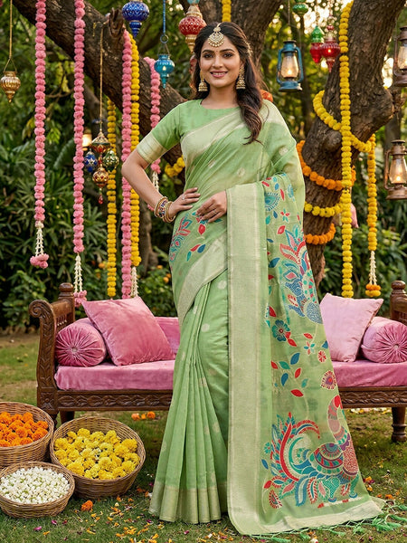 Shree Shyam Fashion Light Green Linen Cotton Saree