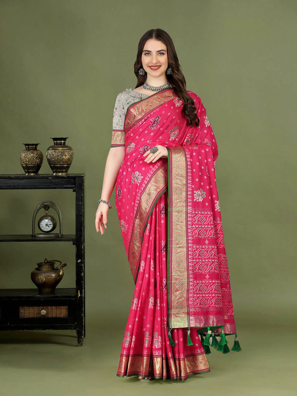 Lorenvalley Fashion Pink Patola Silk Woven Design Zari Meenakari Weaving Saree
