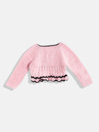 Chutput Kids Woollen Hand Knitted Full Sleeves Cardigan With Short Sleeves Flower Work Dress For Baby Girls - Pink