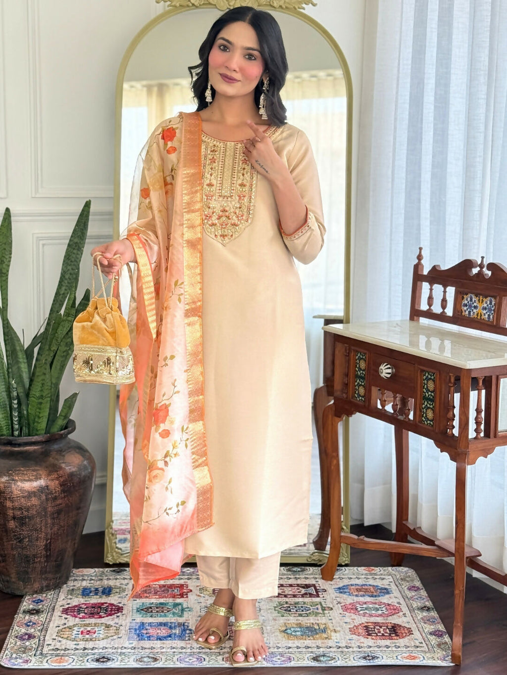 The52 Chiku Women's Beautiful Rayon Fabric Embroidered Work Straight Kurta Pant and Dupatta Set - Distacart