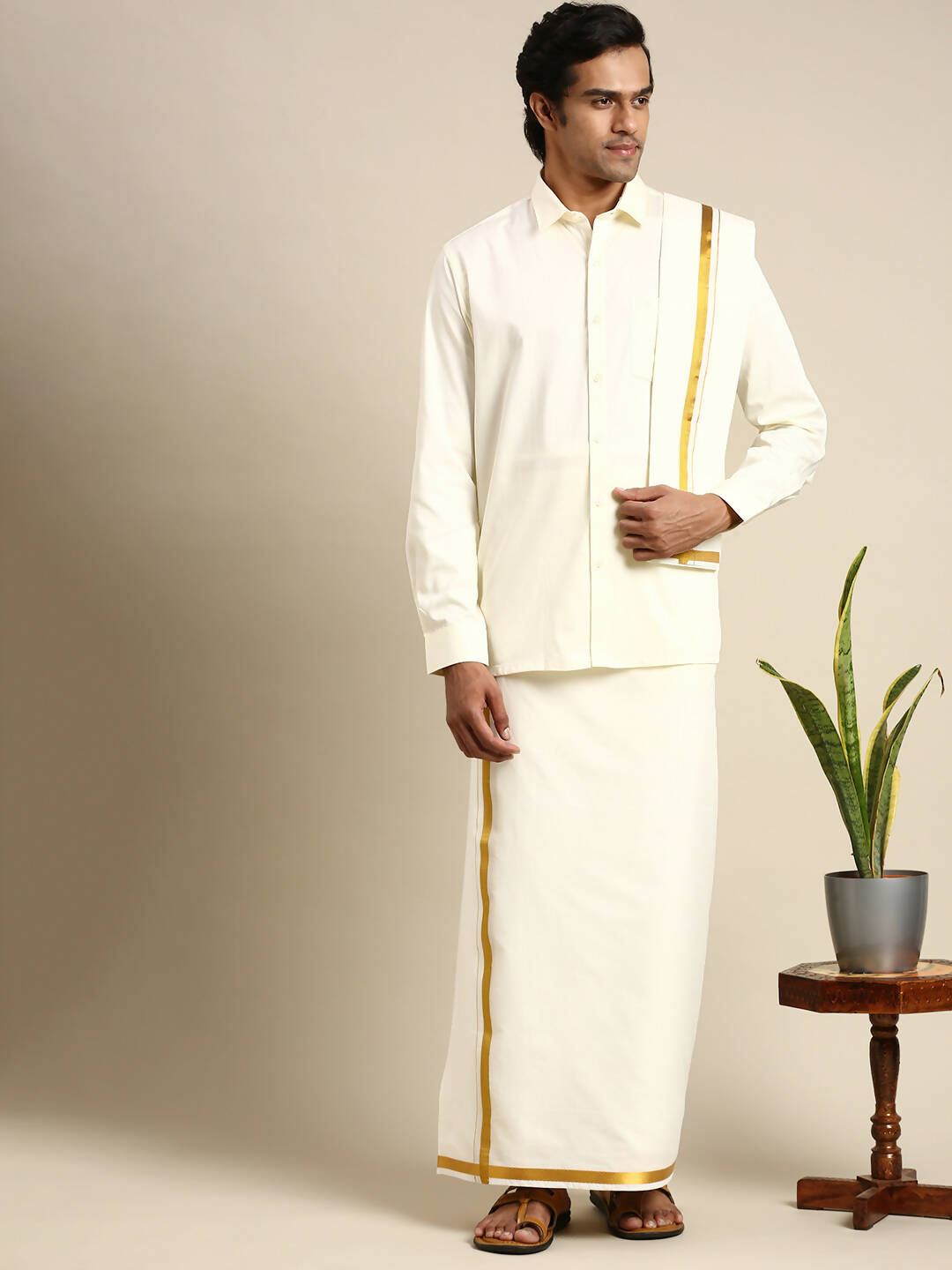 Ramraj Cotton Premium Wedding Cream Regular Dhoti, Shirt & Towel Set Arathi 3/4"