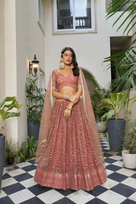 Aastha Fashion Rust Butterfly Net Tone To Tone Cotton Thread Work And Sequence Work Embroidery Wedding Wear Lehenga Choli