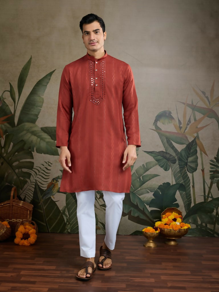 Vastranavya Rust Orange Exclusive Viscose Rayon Festival Wear Real Mirror Work Kurta with Dupatta
