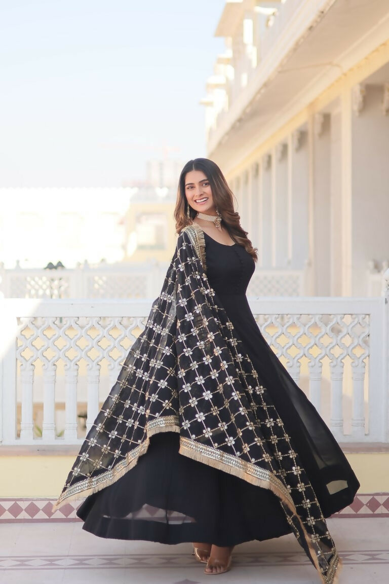 Jyoti Fashion Women's Black Faux Blooming Sequins Zari Embroidered Anarkali Dress with Dupatta