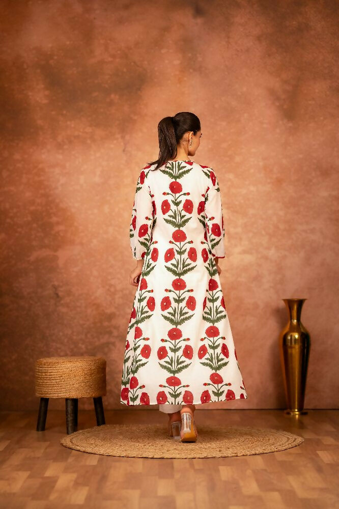 Joban Fashion Red Rose Floral Hand Block Printed Cotton Kurta Pant Set - Distacart
