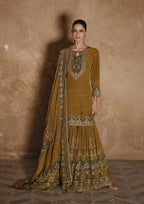 Anaita Mustard Silk Readymade Palazzo Suit with Swarovski Work - Distacart