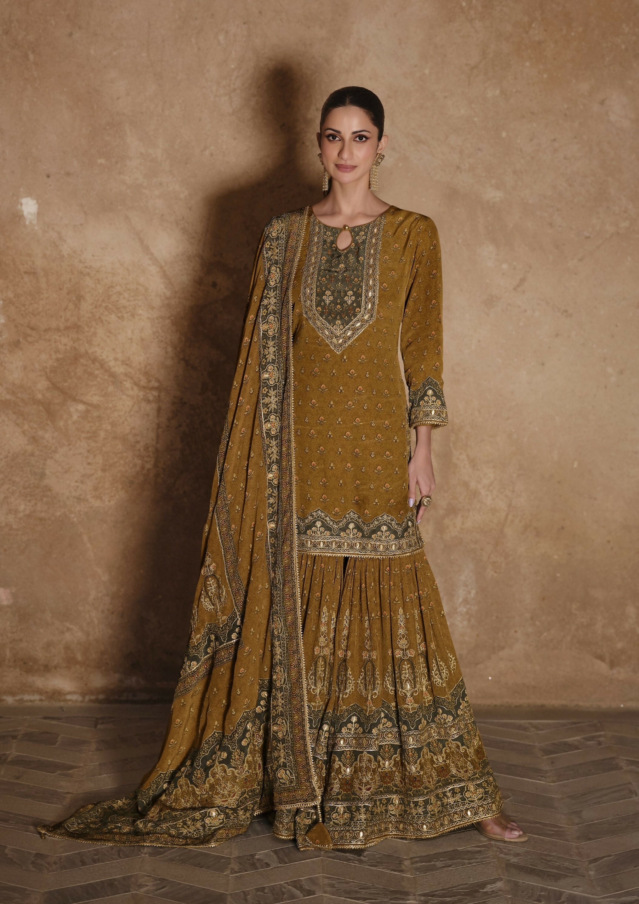 Anaita Mustard Silk Readymade Palazzo Suit with Swarovski Work - Distacart