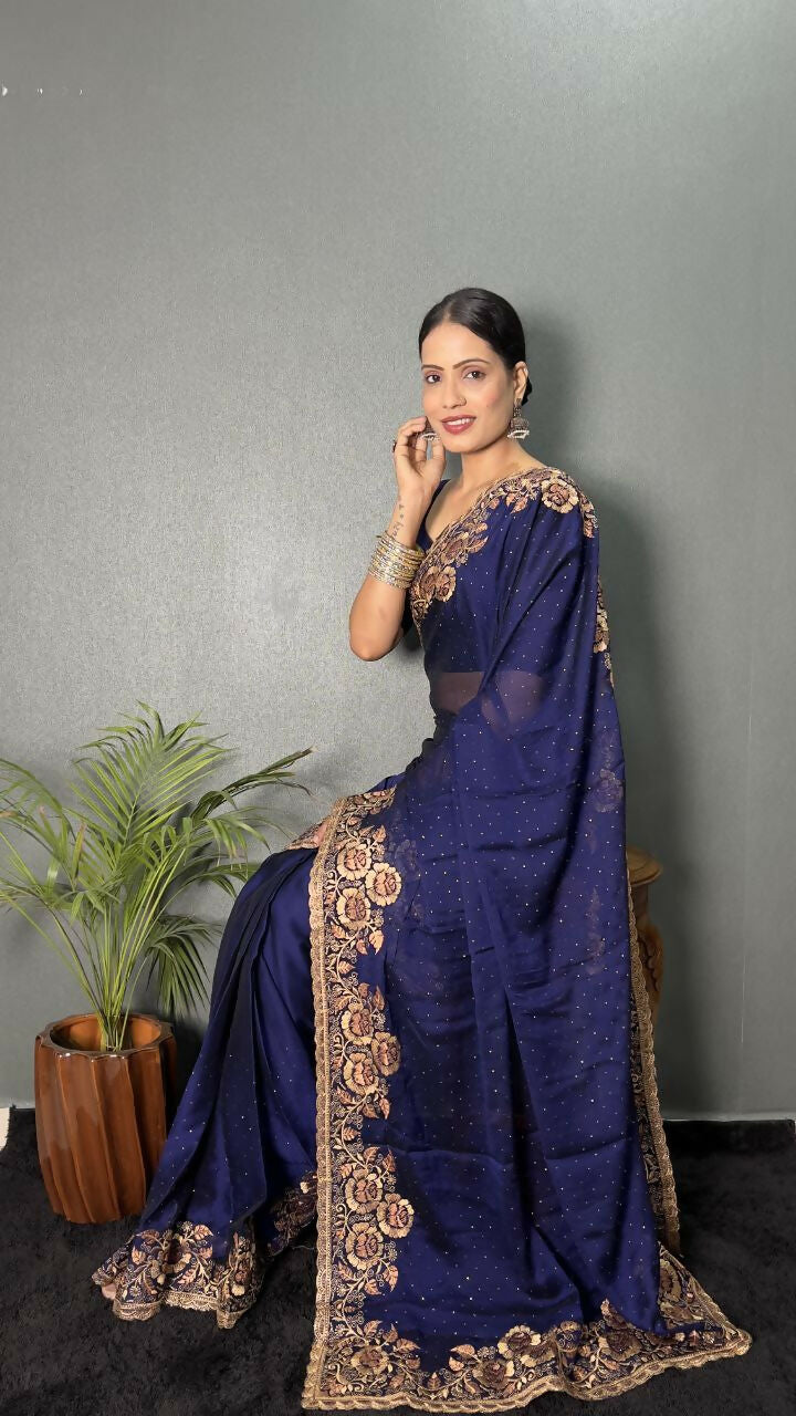 Vastranavya Blue Rangoli Silk Zari work with DMC Swarovski work Ready to Wear Saree
