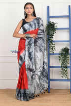 Very Much Indian Handmade Tie And Dye Cotton Saree By Women Weavers -Red Black - Distacart