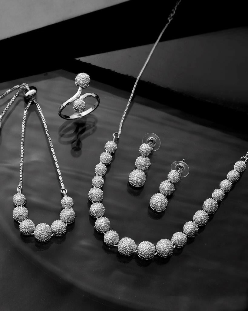 VOJ Silver Plated AD studded Necklace, Earrings With Ring And bracelet