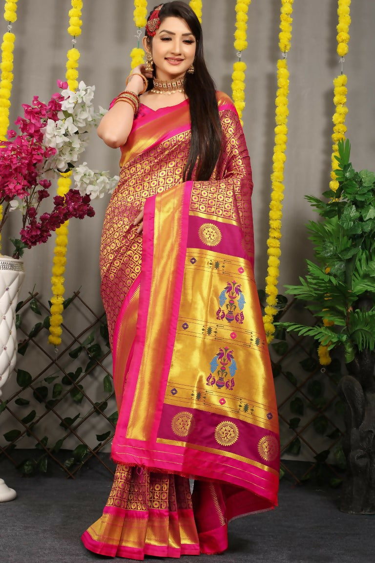 Jyoti Fashion Women's Magenta Banarasi Silk Zari Woven Saree with Blouse