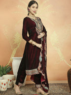Jyoti Fashion Women's Maroon Velvet Cording with Resham Thread & Sequin Kurta with Trouser & Dupatta