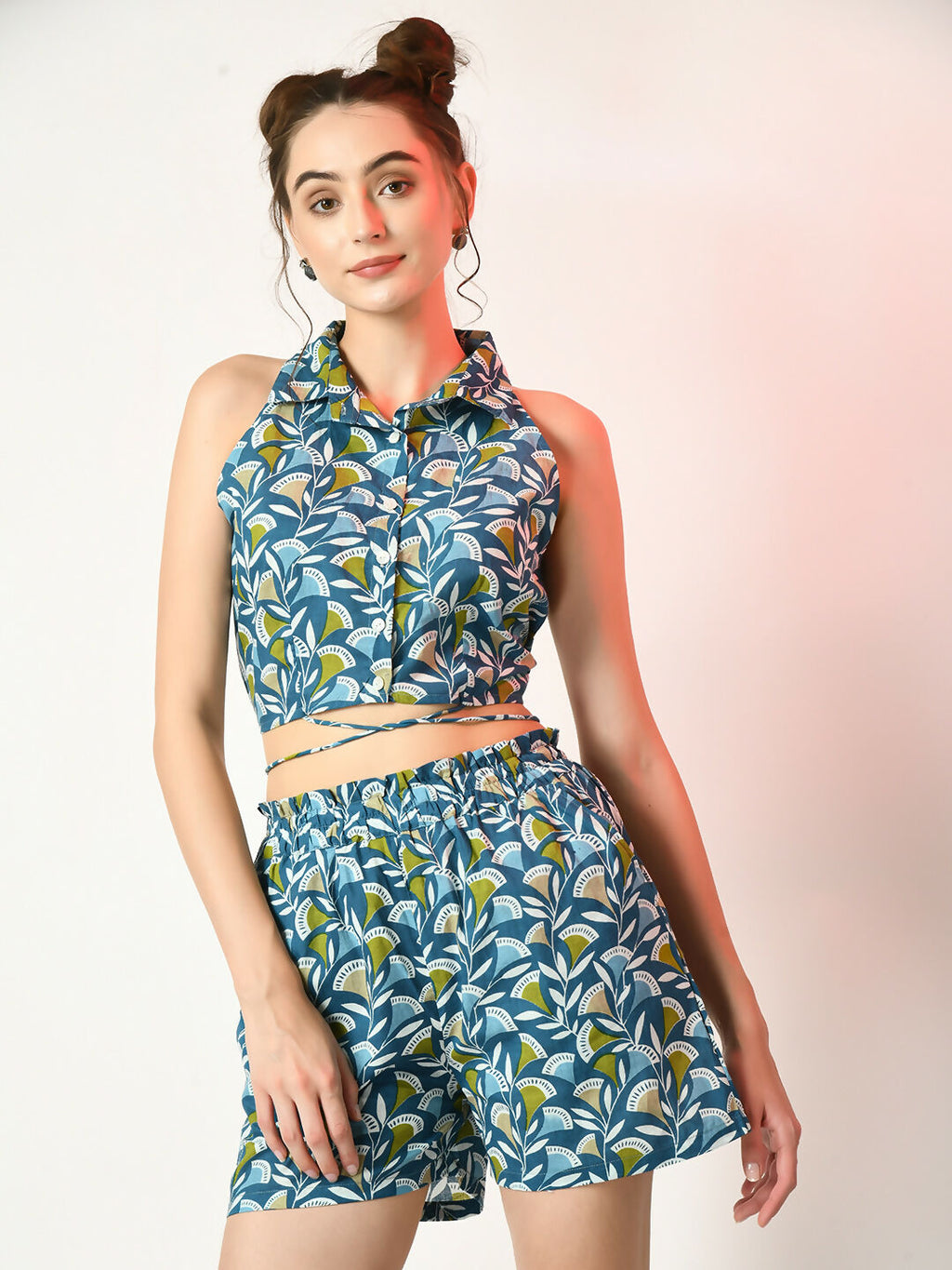 Myshka Women's Blue Printed Top With Shorts
