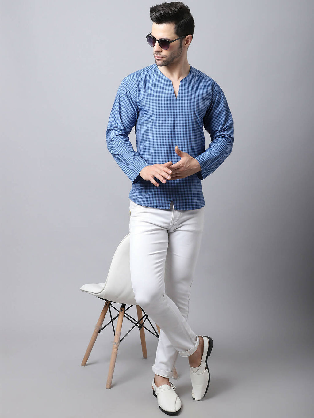 Even Apparels Blue Checked Men's Kurta With Band Collar - Distacart