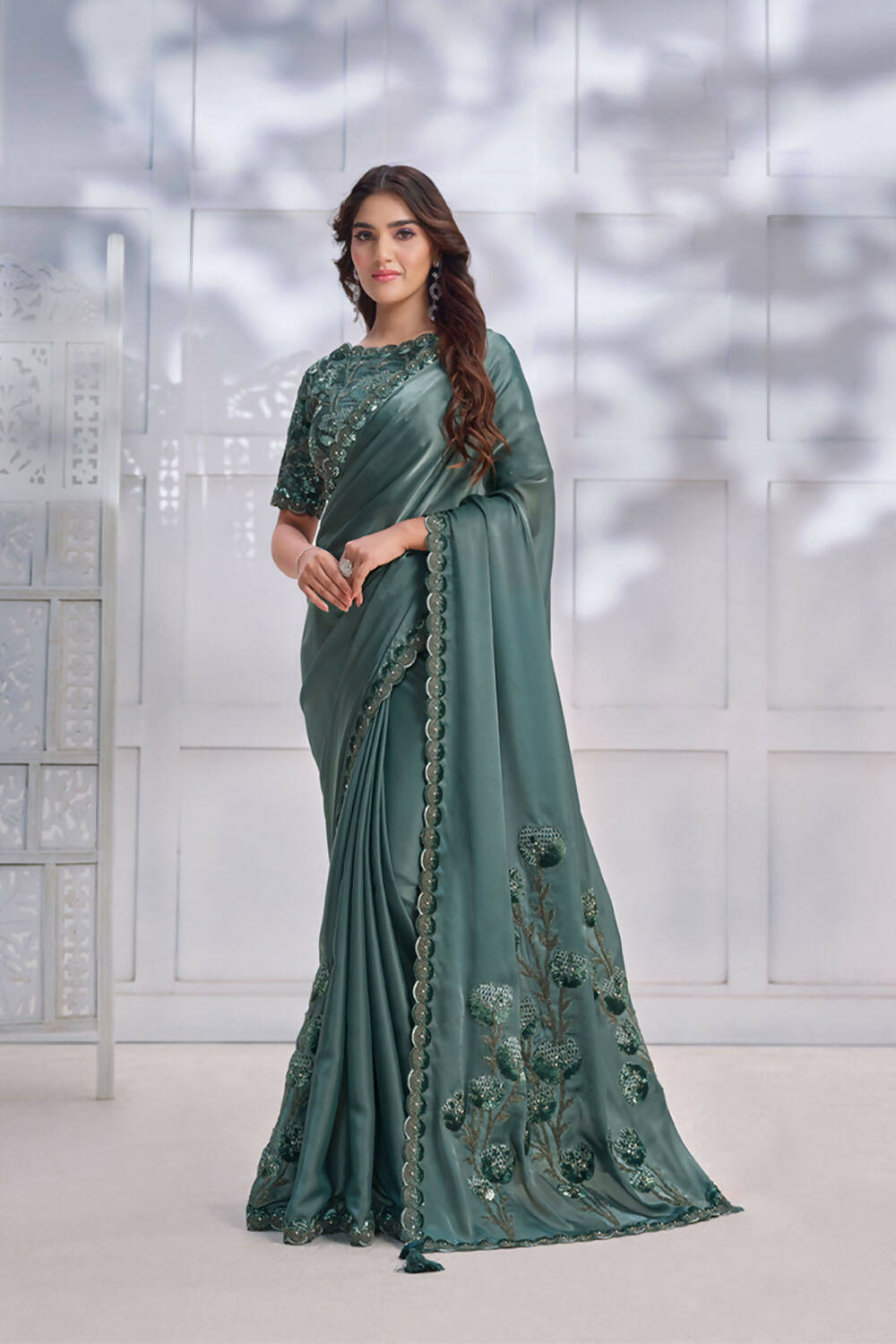 Sea Green Crepe satin silk Cord & Sequence Embroidered with Stone work Saree - Mohmanthan Majestica