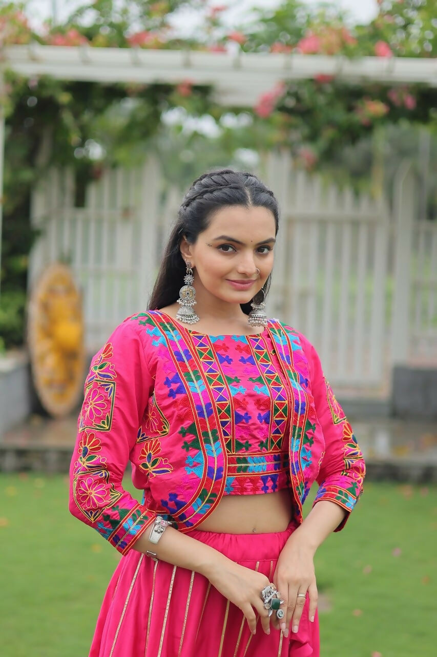 Teeya Creation Pink Colour Roman Silk With Gamathi Work Navratri Lehenga Choli