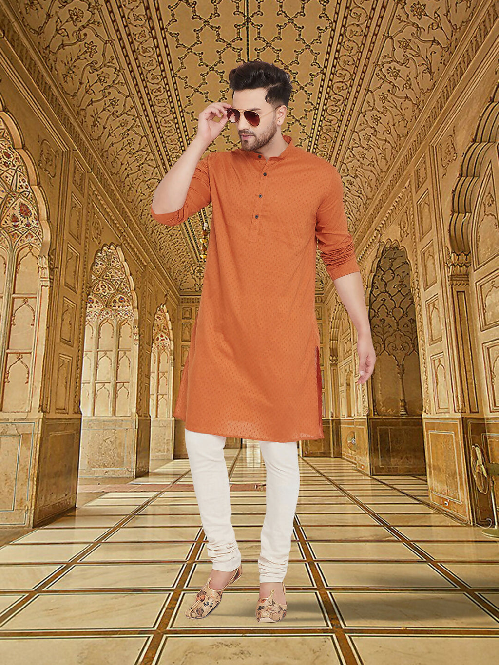 Even Apparels Men's Orange Emboided Cotton Kurta