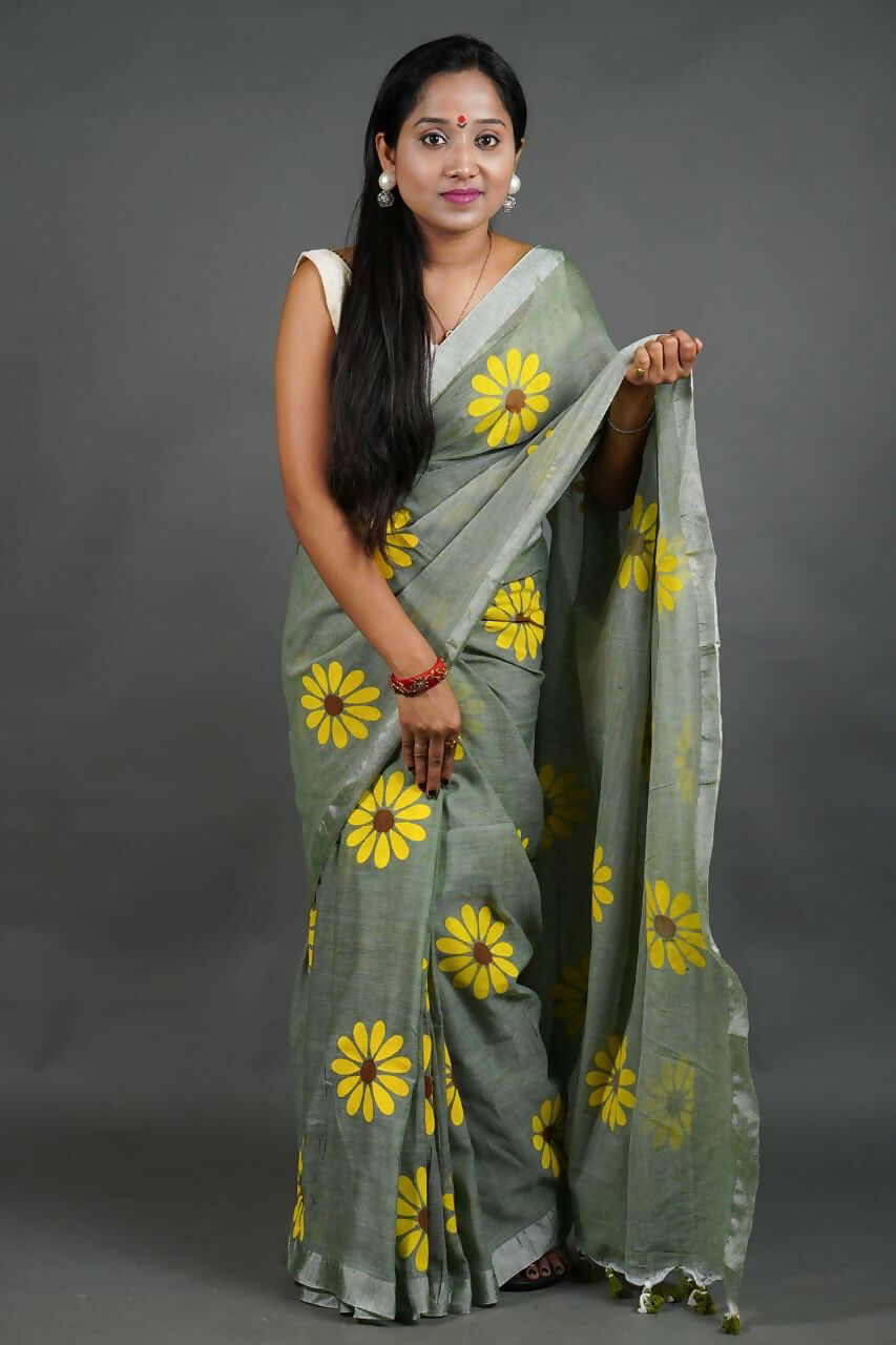 Exclusive Collection Light Pista Pure Cotton Saree With Sunflower Design - Distacart