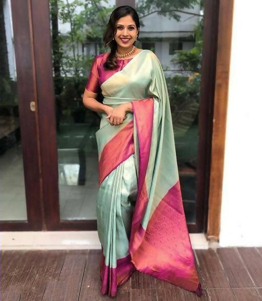DEIANA'S Beautiful Designer Golden zari Soft Lichi Silk Saree - C Green