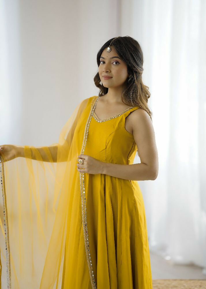 Joban Fashion Yellow Kurta Set Chanderi Sequence Embroidery Work - Distacart