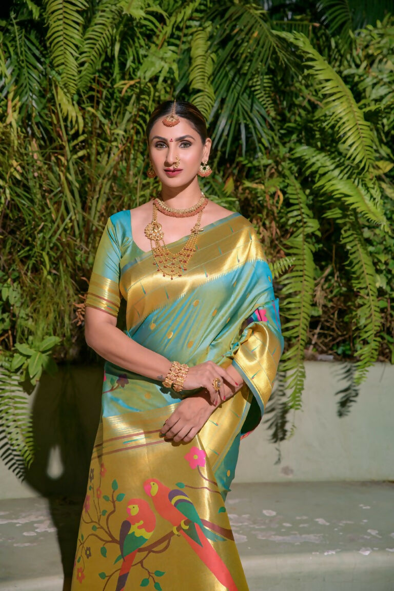 Jyoti Fashion Women's Firozi Paithani Silk Zari Woven Saree with Blouse