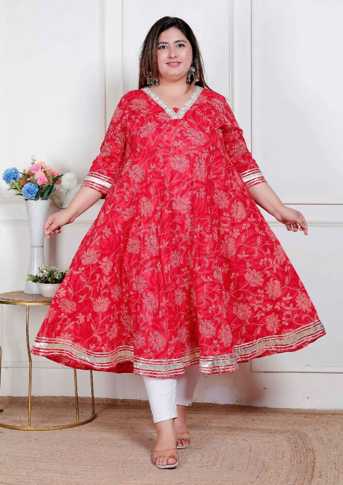 Miravan Plus Size Women'S Red Jaipuri Printed Cotton Ethnic Anarkali Kurta - Distacart