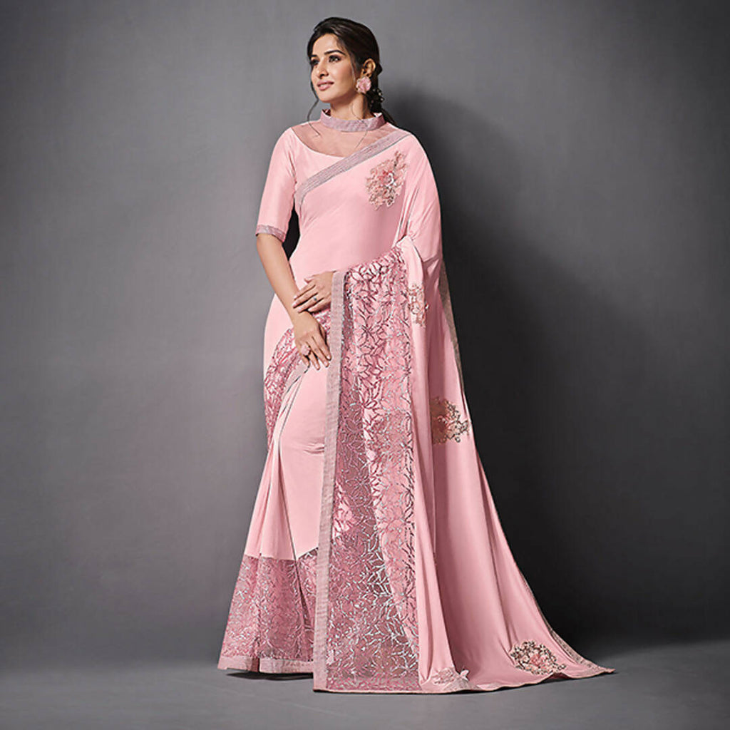 Pink Lycra Raw Silk Sequins Embroidery, Applique Work Saree - Norita Eileen