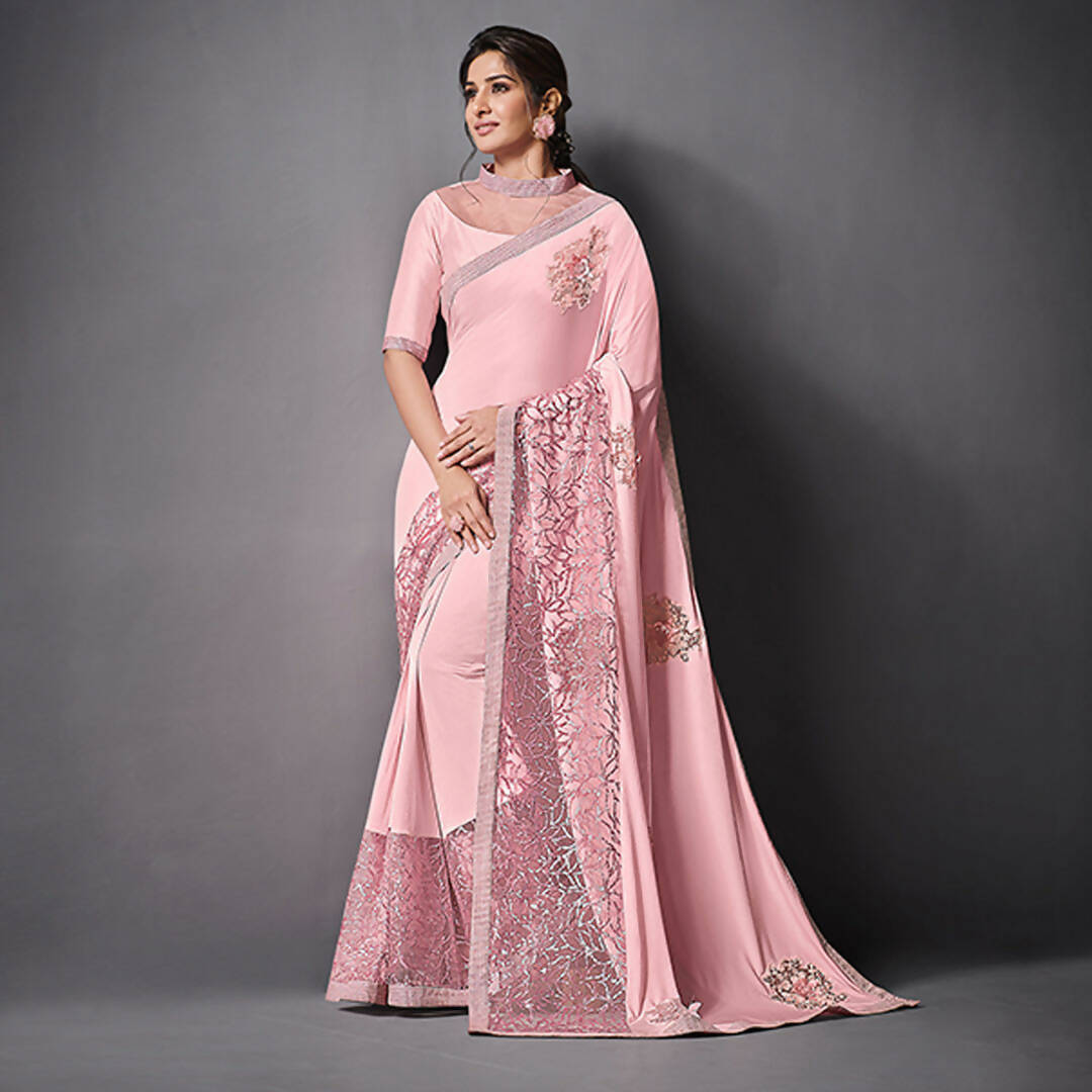 Pink Lycra Raw Silk Sequins Embroidery, Applique Work Saree - Norita Eileen