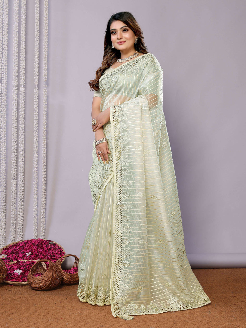 Green Silk Embroidered Saree With Stitched Blouse - Nimaya Kaksha