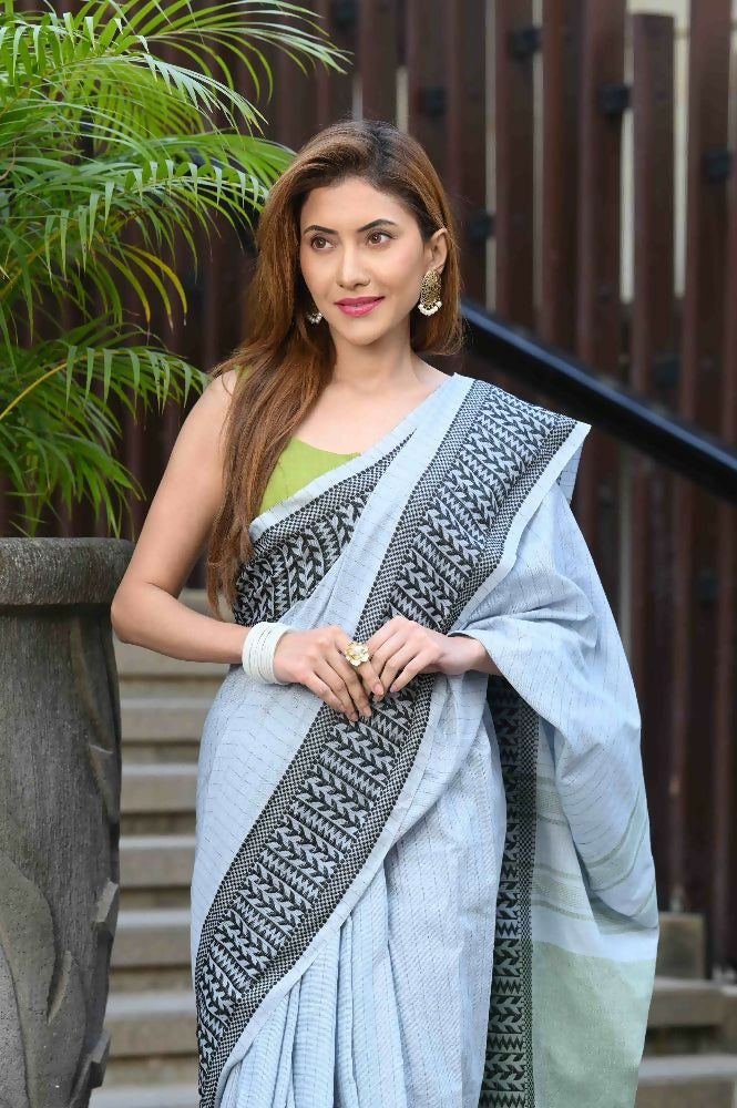Beatitude Grey Cotton Jacquard Border Tangail Handloom Saree