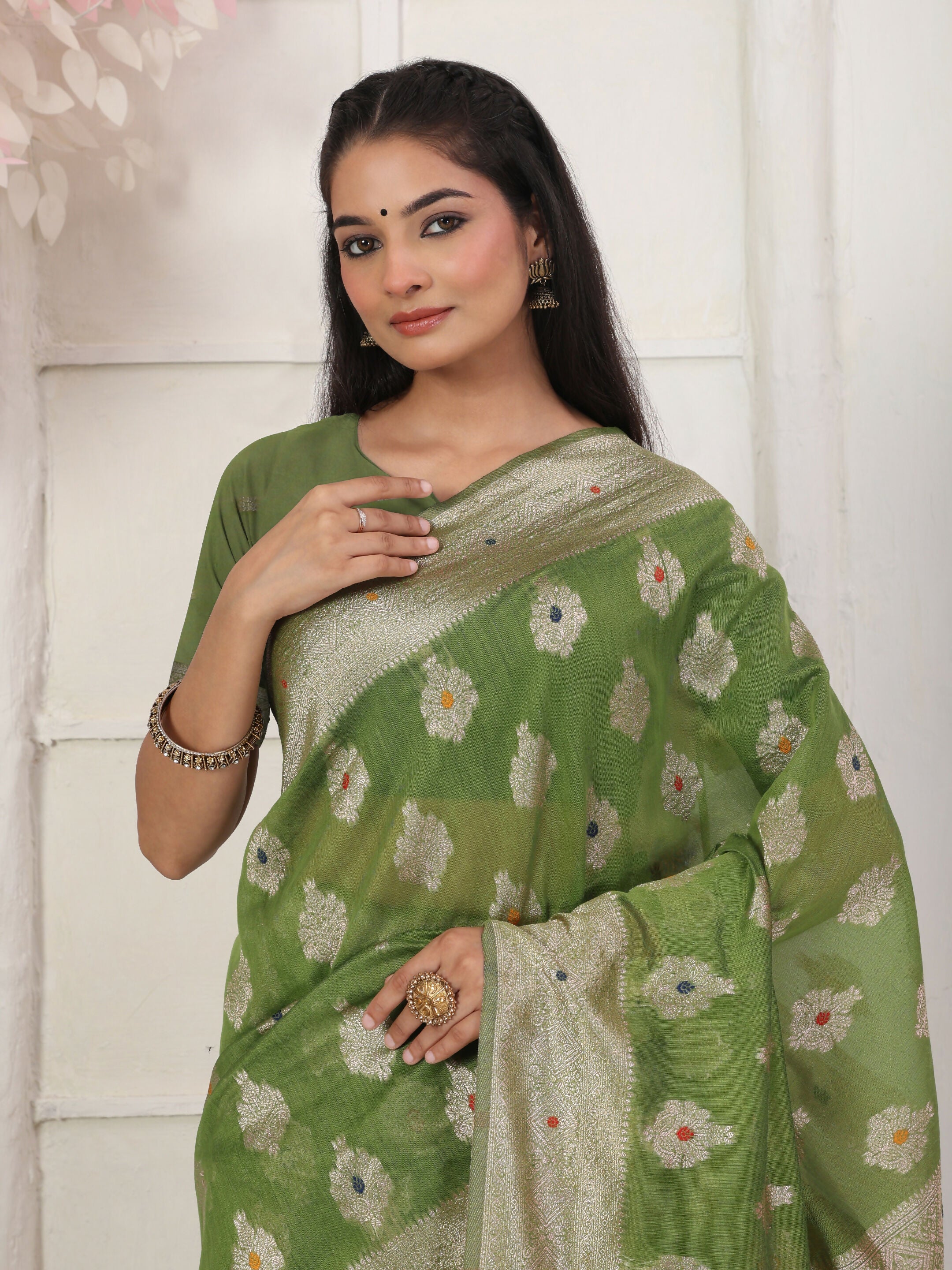 Shree Shyam Fashion Linen Cotton Green Saree - Distacart