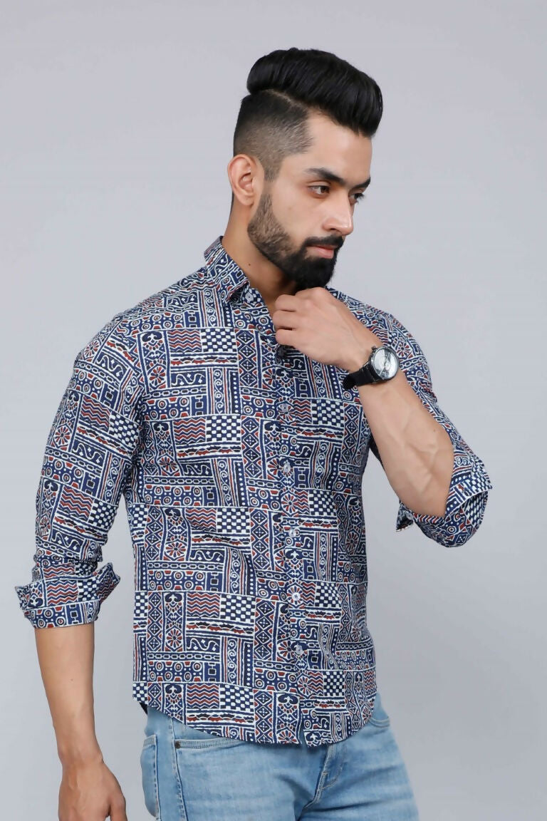 Miravan Men's Blue Floral Print Long Sleeve Casual Shirt