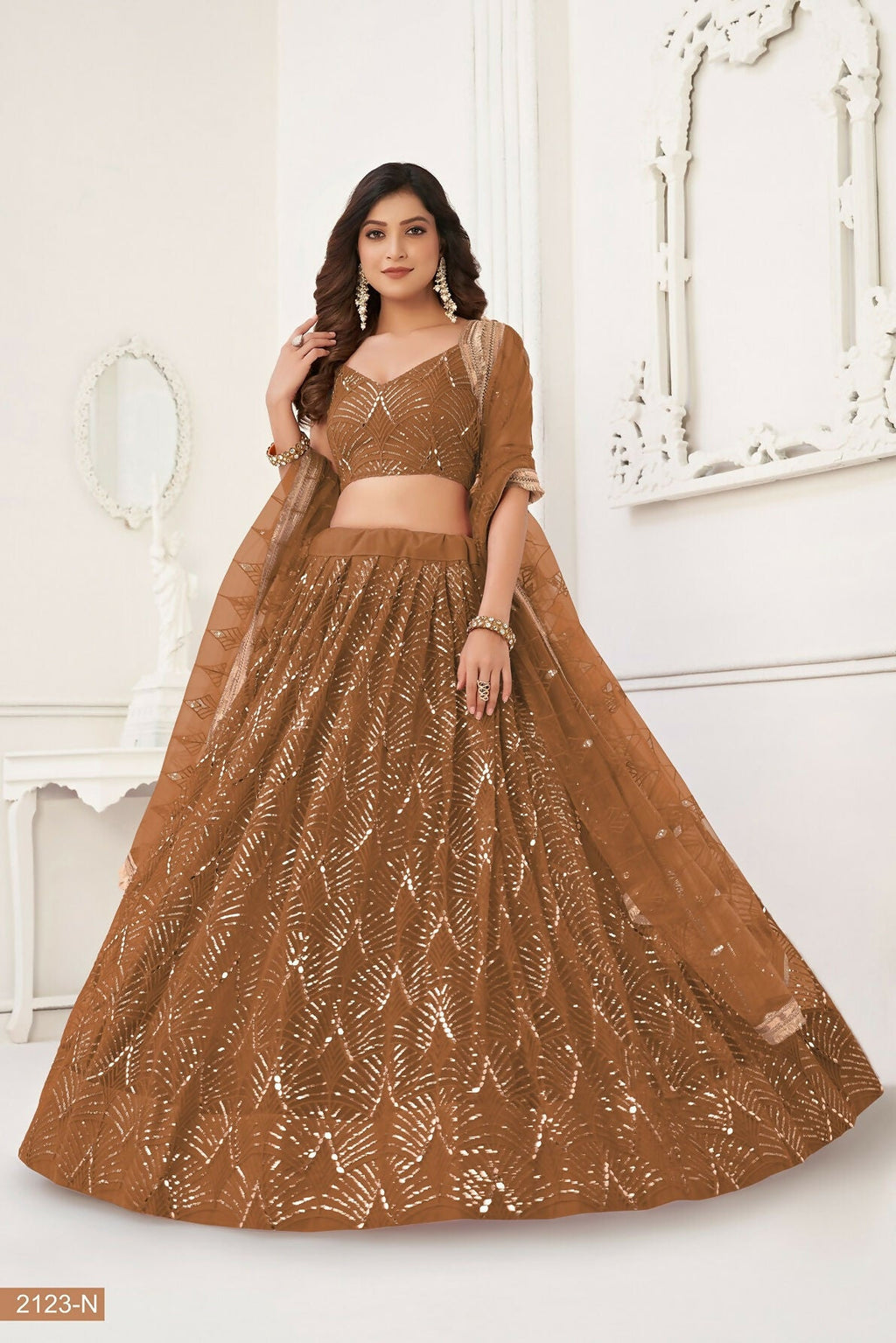 Eilara Brown Thread Sequin Embroidered Net Lehenga Set