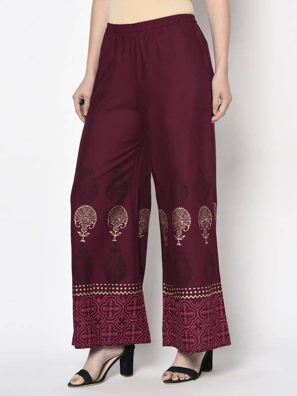 Aniyah Rayon Wine Color Block Print Flared Slip-On Palazzo (AN-173K)