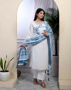 Miravan Women's White Cotton Thread Work Embroidered And Mirror Work Straight Kurta Palazzo With Dupatta Set
