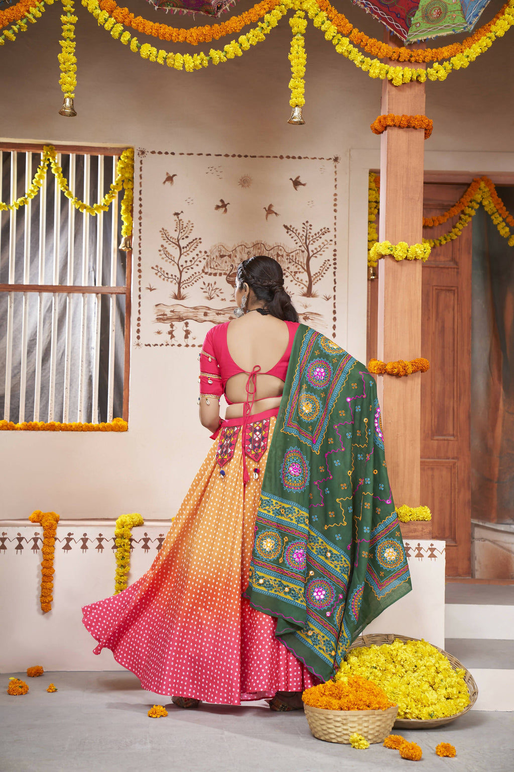Yellow Rayon All over Print with Embroidery Patch Work Navratri Lehenga Choli with Dupatta - Raas