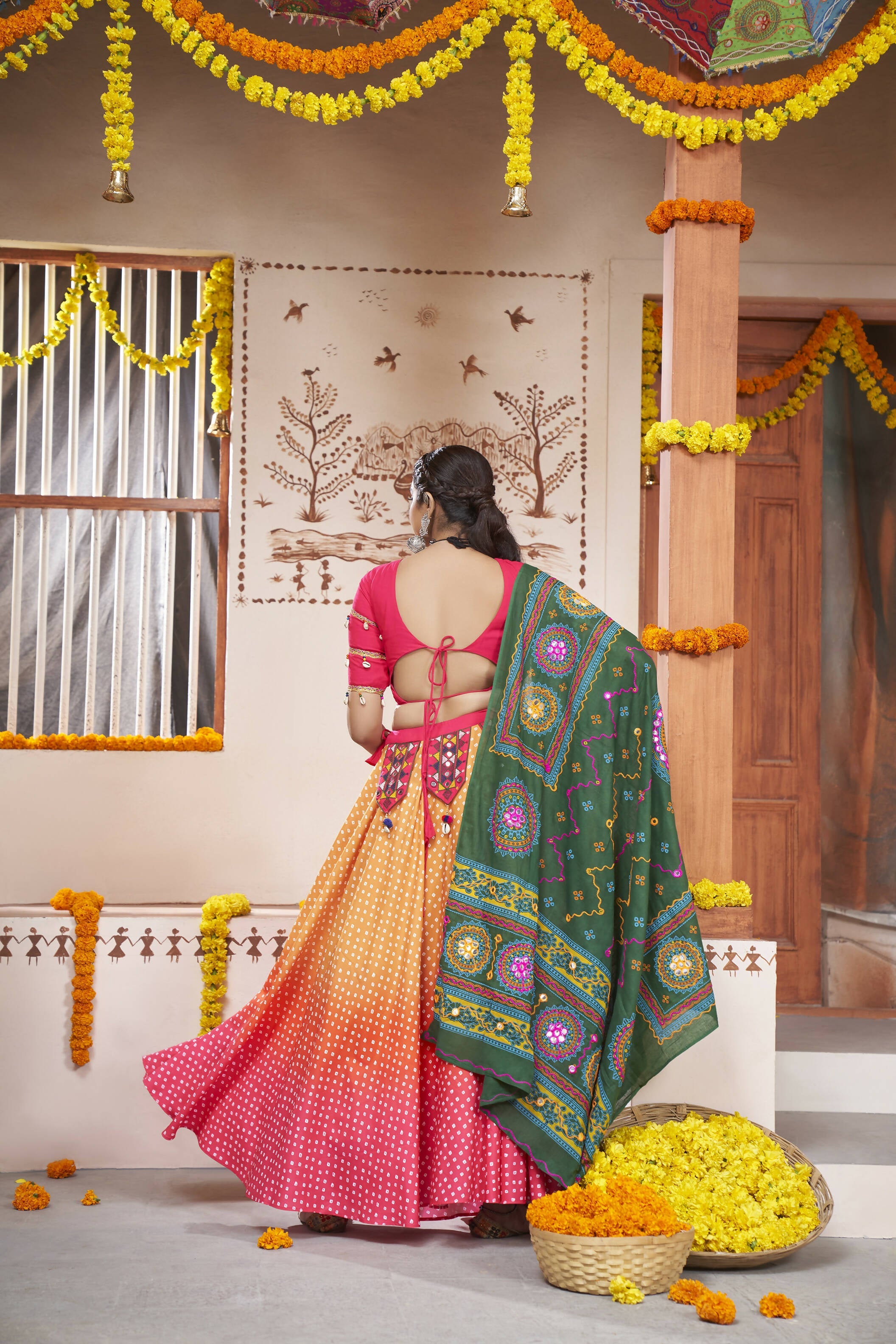Yellow Rayon All over Print with Embroidery Patch Work Navratri Lehenga Choli with Dupatta - Raas