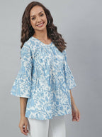 Janasya Women's White Cotton Floral Print Tiered Top - Distacart