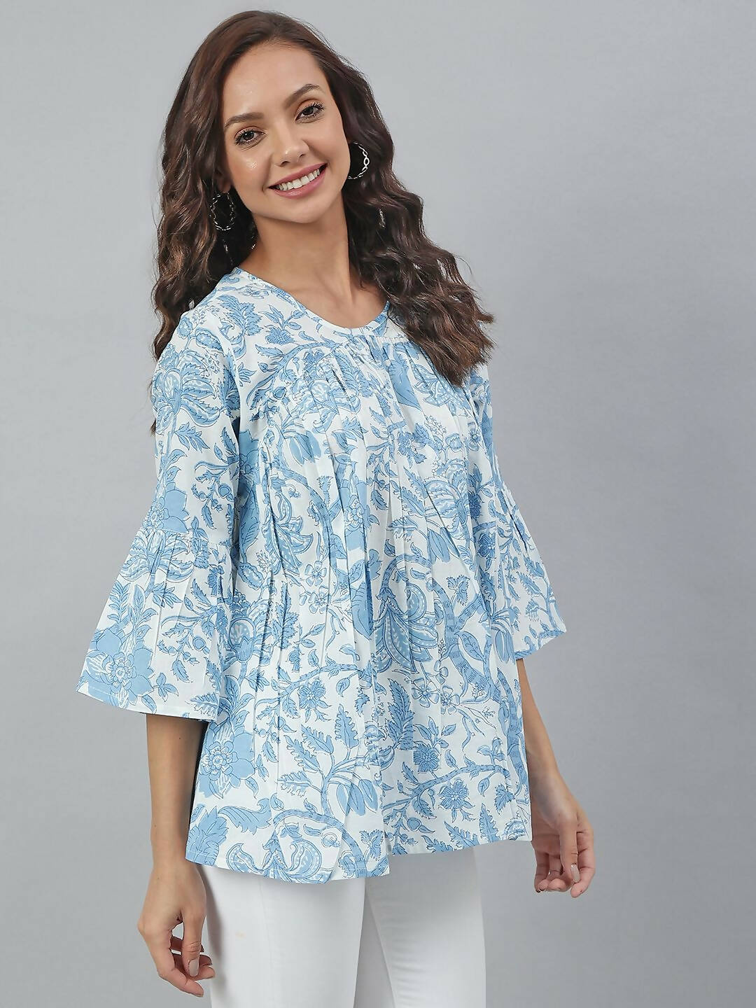 Janasya Women's White Cotton Floral Print Tiered Top - Distacart
